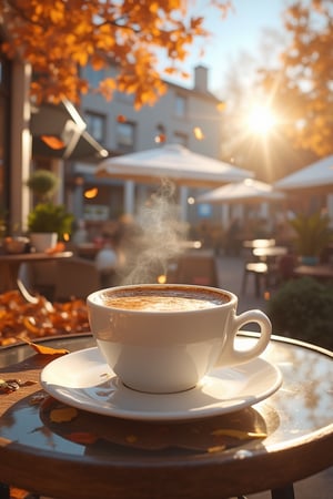 Picture of a steamy cup of coffee on a white cerramic cup sitting on the top a round glass coffee table on the terrace of a cafe in the nordics, romantic, ultra realistic, sunny, autumn, orange leaves falling, clear blue sky