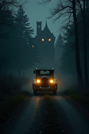 An old 1920's car is driving on a gravel road towards a pitch black mansion and surroinded by eerie misty forest in the dead of the night, only illumination is the yellow headlights of the car, a sinister pair of glowing eyes is seen amidst the trees, dark, moody athmosphere, realistic, photgraphic, 