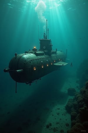 fancy steampunk submarine exploring the murky depths of a deep ocean, lighting up the seabed with searchlights, dark, steampunk, underwater, murky water, creepy fish, horror,