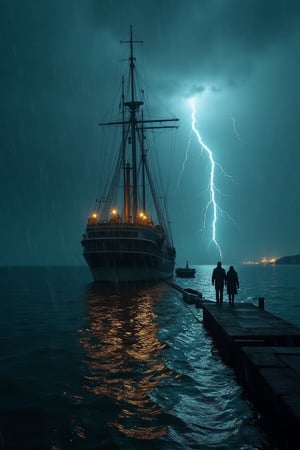 Stormy picture of a ghost ship docked on the pier of a small island town, two islanders are approaching the docked vessem with raincoats and oil lanterns, storm, night, moody, dark, rain, lightning striking in the distant waters,