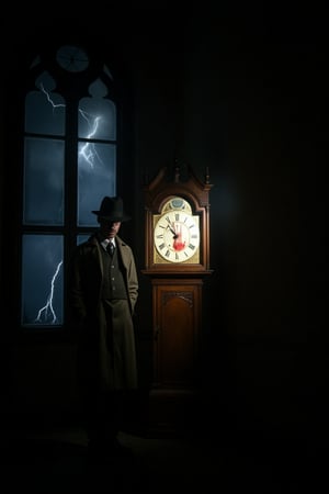 Photograph of an 1930's detective with a trilby hat and trench coat shining his flshlight on an old grandfather clock  next to a big wooden window with storm and lightning seen behind, a bloody five fingered handprint on the clocks face, dark theme, moody, athmospheric, horror, ultra realistic,FLASH