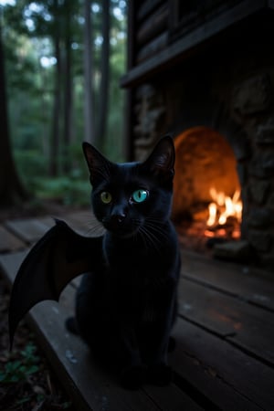 Stunning little black cat with one green and one cyan eye with batlike wings sitting in front of a lit up fireplace in an old wooden cabin in the woods, realistic, dark, moody, athmospheric, high_resolution, detailed, beautiful eyes,