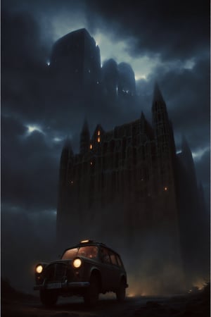 Fancy steampunk vehicle driving towards a dark lovecraftian style mansion at the base of a dark cloudy mountain, dark mood, lovecraftian, night time, dark clouds, heavy rain,beksinskiart