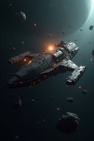 derelict spacecraft floating dark amidst asteroids sparking with bursts of electricity and burns from laser weapons and explosions are scattered throughout the rugged hull, realistic, dark, athmospheric, low light, outer_space, 
