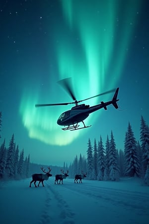 a sleek helicopter is flying over arctic thundra at night while beautiful aurora borealis dance in the night winter sky, winter, moody, dark, realistic, reindeers are seen traveling below,