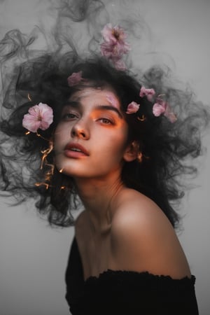 A dreamy portrait of a woman emerges from a swirling vortex of black and white smoke, as if conjured by the ethereal dance of embers. Her features are shrouded in mystery, with delicate petals of surrealistic flowers floating around her head like wisps of thought. The composition is set against a soft, faizian haze, with warm lighting that casts a mesmerizing glow on her enigmatic face.