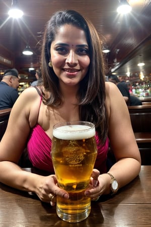 lovely attractive lady indian girl, black eyes,  33 years old, an Instagram model, long blonde_hair, in pub holding a beer glass
