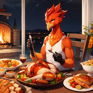 (masterpiece:1.2), best quality, roast chicken, vegetable, bread, Anthro, Avian, Bird, Beak, Claws, Beakjob, turkey, dinner time, (Thanksgiving), presenting food, orange theme, night,Thanksgiving turkey