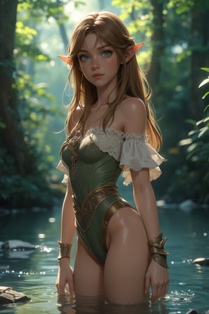 3d render, astroflux_v101, anime style game CG, Unreal Engine. a beautiful Elf (16-year-old, wearing fantasy style off-shoulder leotard, lace sleeves) standing in the water in the forest, magic particle. real light and shadow, depth of field.