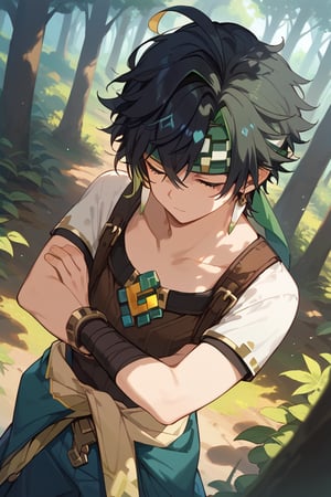 score_9, score_8_up, score_7_up, masterpiece, best quality, best aesthetic, source_anime, intricate details, 1boy, male focus, solo,black hair,green hair,multicolored hair,green eyes, earrings,headband,clothes around waist,baggy pants, short sleeves, dappled sunlight, forest, trees, leaves, from above, close up, closed eyes, crossed arms