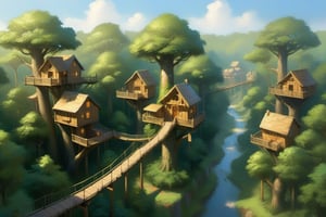 A majestic treehouse village comes into view, tiny treehoused nestled among the verdant canopy. aerial walkways weave between towering trees, forming a picturesque promenade. Soft morning light filters through leafy branches, casting dappled shadows on the forest floor.