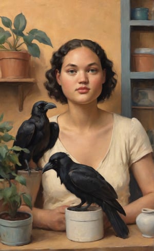 A close-up portrait oil painting of a young woman exudes Art Deco elegance. The subject's beige complexion glows softly against the warm terracotta background, accentuated by the gentle light filtering through the skylight above. Her raven-black hair is styled in loose waves, framing her brown eyes and plump features.  Potted plants and shelves of knick-knacks surrounding her add a touch of whimsy to the otherwise refined setting.