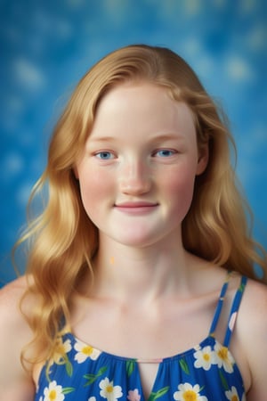 A radiant golden light bathes the 20-year-old woman's muscular body in a studio setting, accentuating her pale freckled skin. She wears a flower-patterned summer dress. Long blonde hair reaches her waist. The camera captures her full round features, highlighting the warm and innocent glow of her closed_mouth_smile. Her bright blue eyes sparkle with joy, beaming directly at the viewer as he radiates warmth and optimism.