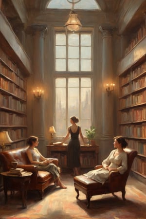 A trio of modern women, adorned with subtle vintage charm, occupy a plush leather chaise lounge within a well-lit library. Towering bookshelves, their spines aglow from the warm sunlight of a skylight, surround them. One woman delves into a worn leather-bound tome, while another contemplates the reader with a thoughtful gaze. The third reclines against the backrest, eyes drifting to some distant horizon as if lost in thought, amidst the soft glow and gentle ambiance.