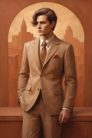 Faceless, genderless generic figure
Against the plain, terracotta backdrop of an Art Deco design, a charismatic individual poses waist-up, their hair styled with subtle texture and eyes locking onto the camera lens with unbridled confidence. The soft, warm glow illuminates them highlighting delicate features and accentuating their figure.