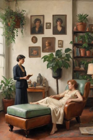 Close up. A trio of modern women, adorned with art deco charm, occupy a plush leather chaise lounge within a well-lit sitting room. Potted plants and shelves of knick-knacks surround them. One woman delves into a worn leather-bound tome, while another contemplates the reader with a thoughtful gaze. The third reclines against the backrest, eyes drifting to some distant horizon as if lost in thought, amidst the soft glow and gentle ambiance.