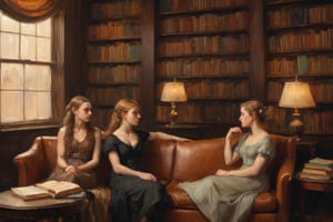 Three young women, dressed in modern attire with subtle vintage flair, sit together on a plush, leather chaise lounge in a dimly lit library. The walls are lined with towering bookshelves, their wooden spines glowing softly in the warm, golden light of floor lamps. One woman flips through a worn leather-bound volume, while another gazes out at the reader with a thoughtful expression. The third young woman reclines against the backrest, her eyes fixed on some distant point as if lost in thought.