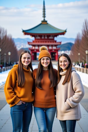 A candid photo of a three teenage girls standing in front of a famous landmark during their winter vacation to Japan. The girls are excited and smiling. They are wearing thick woolen jumpers and jeans. One is wearing a beany. All three have dark tan skin. 