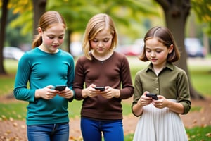 Captured from a high-angle perspective, three teenage girls are standing in a park, each holding their own cell phone in their hands. The 13 year old girl on the left is wearing a teal long-sleeved t-shirt and blue jeans, while the 11 year old  in the middle is dressed in a brown sweater and blue pants. The other girl, her blonde hair is styled in a bob, and she is looking down at her phone. The third girl, on the right, is 9 years old and is looking off to the side. She is wearing an olive green button-down shirt, and a white dress. The background is blurred, with trees and leaves on the ground.