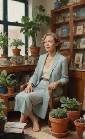 Close up portrait . A modern women, adorned with art deco charm, occupy a well-lit sitting room eith a skylight. Potted plants and shelves of knick-knacks surround her.