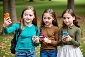 Captured from a high-angle perspective, three teenage girls are standing in a park, each holding their own cell phone in their hands. The 13 year old girl on the left is wearing a teal long-sleeved t-shirt and blue jeans, she has her arm extended out to the left, taking a selfie. The 11 year old  in the middle is dressed in a brown sweater and blue pants, and she is looking down at her phone. The third girl, on the right, is 9 years old and is looking off to the side. She also has her arm extended to take a selfie. She is wearing an olive green button-down shirt, and a white dress. The background is blurred, with trees and leaves on the ground.