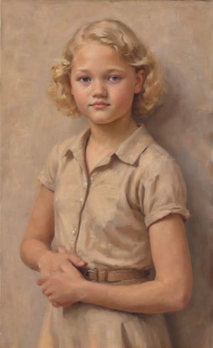 A close-up portrait oil painting of a 12 year old girl exudes Art Deco elegance. The subject's blonde hair and tanned beige complexion glows softly against the warm terracotta background, accentuated by the gentle light filtering through the skylight above. Her hair is styled in loose waves, framing her brown eyes and slim features. She is quite muscular.