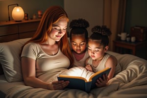 A heartwarming hyperrealistic image of a mother reading a bedtime story to her three young daughters in their cozy bedroom. The girls are cuddled up together, listening attentively. The EPSW mother has pale freckled skin and long straight copper-red hair, while the girls have medium brown skin and wavy black hair tied up.