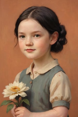 Girl, 6 year old, black hair, pale skin, plaits with a flower in hair
Against the plain, terracotta backdrop of an Art Deco design, a charismatic individual poses waist-up, their hair styled with subtle texture and eyes locking onto the camera lens with unbridled confidence. The soft, warm glow illuminates them highlighting delicate features and accentuating their figure.