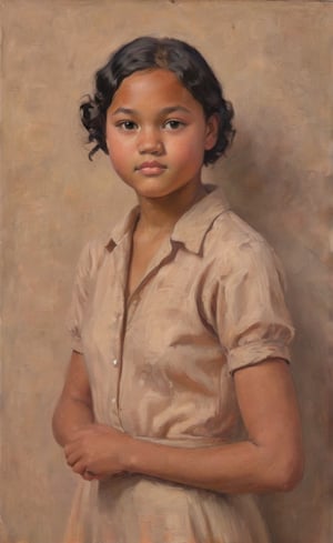 A close-up portrait oil painting of a 12 year old girl exudes Art Deco elegance. The subject's black hair and tanned beige complexion glows softly against the warm terracotta background, accentuated by the gentle light filtering through the skylight above. Her hair is styled in loose waves, framing her brown eyes and slim features. She is quite muscular.