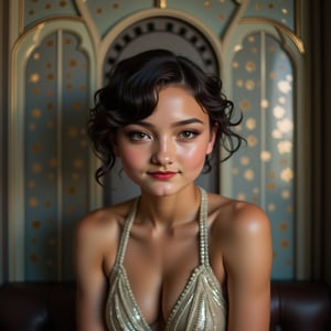 Album cover. A close-up shot of a stunning flapper girl in a dimly lit, ornate Art Deco setting, her face framed by an intricate geometric pattern on the wall behind her. Her bright eyes, painted with subtle glamour, lock onto the camera lens as she smizes, showcasing her bold red lip and soft, wispy bangs. The muted color palette of soft grays, whites, and creams creates a sophisticated ambiance, while the flapper girl's flowing fringe and beaded dress shimmer under the faint light.
Text across the middle of the frame reads "Catche me if you can..."