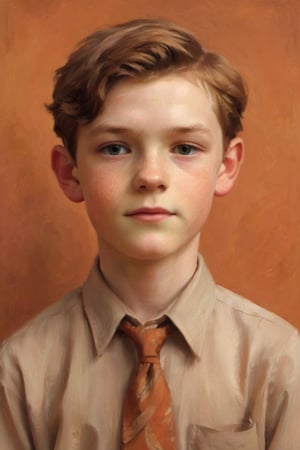 Boy, 12 year old, brown hair, pale skin
Against the plain, terracotta backdrop of an Art Deco design, a charismatic individual poses waist-up, their hair styled with subtle texture and eyes locking onto the camera lens with unbridled confidence. The soft, warm glow illuminates them highlighting delicate features and accentuating their figure.