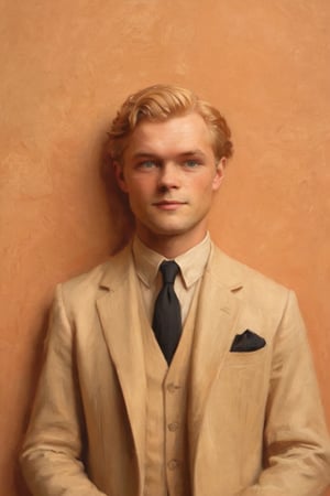 Man, square face, blonde
Against the plain, terracotta backdrop of an Art Deco design, a charismatic individual poses waist-up, their hair styled with subtle texture and eyes locking onto the camera lens with unbridled confidence. The soft, warm glow illuminates them highlighting delicate features and accentuating their figure.