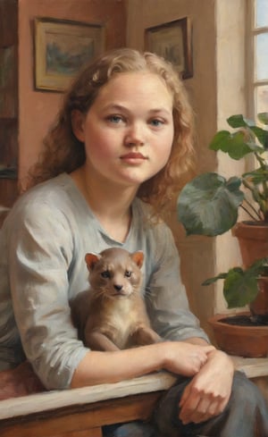 A close-up portrait oil painting of a 16 year old girl exudes Art Deco elegance. The subject's beige complexion glows softly against the warm terracotta background, accentuated by the gentle light filtering through the skylight above. Her hair is styled in loose waves, framing her brown eyes and plump features.  A potted plant and a bronze sculpture of an otter on a shelf behind her add a touch of whimsy to the otherwise refined setting.