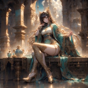 A stunning sexy goddess donning a flowing hanfu robe and high heels poses elegantly against a mystical night sky with clouds drifting lazily across the horizon. Her bright blue green eyes sparkle under long, see-through bangs. A delicate tassels bondage adorns her slender waist, framing her hourglass figure, Legs crossed unconsciously. Fog softly diffuses around her, adding an air of mystery to the overall scene.