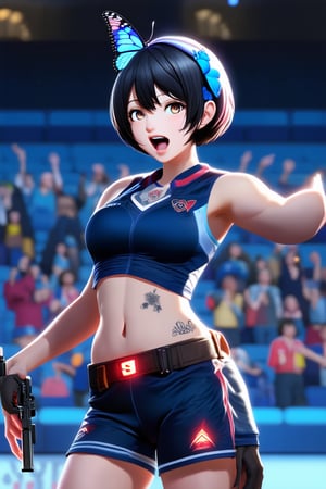 Here's a prompt for an 8k CG illustration:

A 3/4 view from the front shows Blake, a boyish-looking girl with very short hair and a blue butterfly hair accessory. She's wearing tight clothing and standing on the Olympic shooting venue stage, surrounded by vibrant colors and sharp focus. One arm is extended, holding an air pistol that aims directly at the viewer, while her other hand rests on her hip. Her open mouth and anime beauty radiate confidence as she takes aim. A red glowing mark on her lower abdomen serves as a belly tattoo, complemented by pubic hair tattoos. In the distance, the crowd cheers in the stadium stands. The official scorer, dressed in sports shorts and athlete's uniform, watches from behind the stage. Fireflies illuminate the scene with dynamic lighting, casting a cinematic glow on Blake's delicate facial features, detailed eyes, and realistic pupils. Depth of field blurs the background, while bokeh creates a soft, out-of-focus effect around the subject. The overall atmosphere is electric, with lots of little gems scattered throughout.