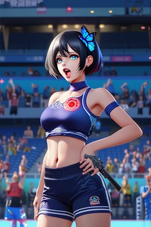 Here's a prompt for an 8k CG illustration:

A 3/4 view from the front shows Blake, a boyish-looking girl with very short hair and a blue butterfly hair accessory. She's wearing tight clothing and standing on the Olympic shooting venue stage, surrounded by vibrant colors and sharp focus. One arm is extended, holding an air pistol that aims directly at the viewer, while her other hand rests on her hip. Her open mouth and anime beauty radiate confidence as she takes aim. A red glowing mark on her lower abdomen serves as a belly tattoo, complemented by pubic hair tattoos. In the distance, the crowd cheers in the stadium stands. The official scorer, dressed in sports shorts and athlete's uniform, watches from behind the stage. Fireflies illuminate the scene with dynamic lighting, casting a cinematic glow on Blake's delicate facial features, detailed eyes, and realistic pupils. Depth of field blurs the background, while bokeh creates a soft, out-of-focus effect around the subject. The overall atmosphere is electric, with lots of little gems scattered throughout.