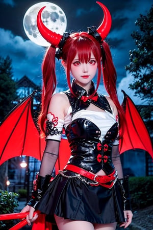 masterpiece, (best quality:1.2), [:intricate details:0.2], demon girl, skirt, (red eyes:1.3), demon horns, demon wings, demon tail, enchanting gaze, captivating pose, otherworldly charm, mystical sky, moonlit night, cloud,
