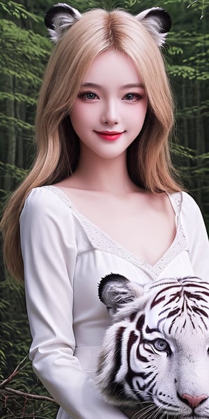 Standing in the forest、hair flow、((highest quality、Artwork、8K、Best image quality、ultra-high resolution、(look at me and smile:)、Shining fair skin with ultra-high resolution、The face more detailed、ultra-high resolution detailed face、ultra-high resolutionのblond hair、(ultra-high resolution eye)、Beautiful face drawn in every detail、traditional Russian costume , Chest to chest, strange atmosphere, Next to him is a real white tiger, black light, in the forest, heavy makeup
