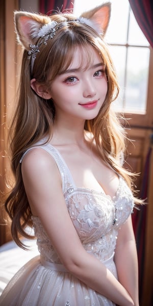 ((highest quality、Masterpiece、High resolution))、(((Zoom photo of upper body))、(A shy smile:1.2)、Light shines in、One 15-year-old female、Beautiful Skin、Beautiful Eyes、Cat ears headband、one piece、Blonde Hair