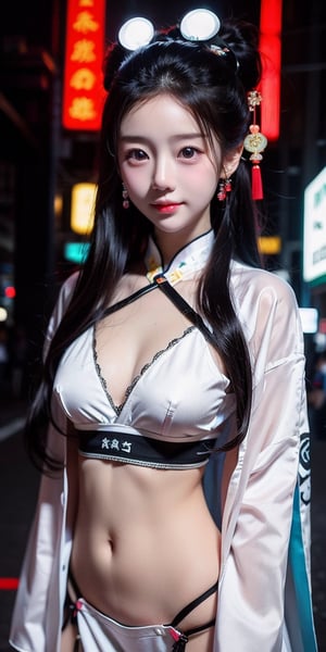 Sexy Pose , (masterpiece),(solo), 1girl, most beautiful korean girl, Korean beauty model, stunningly beautiful girl, gorgeous girl, 18yo, over sized eyes, big eyes, smiling, looking at viewer, (white long hair), attractive, in the dark night, (sexy colorful Chinese Hanfu+body implants), (highly detailed background of ancient Chinese achitechture with neon lights), Cyberpunk, traditional Chinese Sexy outfits , SLASH IN KHANFU