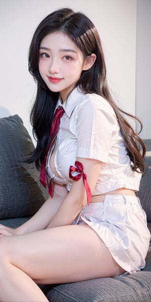 masterpiece, (high quality:1.1), More Detail, Detailedeyes, Detailedface, (1girl, black hair, long hair, purple eyes, curvy, large breasts, large ass, thick thighs, wide hips, plump, voluptuous), (school uniform, white shirt, short sleeves, red necktie, pleated mini skirt, black pantyhose), BREAK (a girl is sitting on sofa with spread legs, grabbing own breast, looking at viewer, blush, smile, indoors, luxury room, renaissance),Unbuttoned