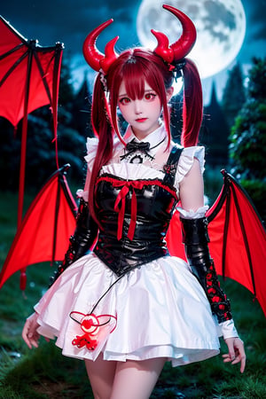 masterpiece, (best quality:1.2), [:intricate details:0.2], demon girl, skirt, (red eyes:1.3), demon horns, demon wings, demon tail, enchanting gaze, captivating pose, otherworldly charm, mystical sky, moonlit night, cloud,
