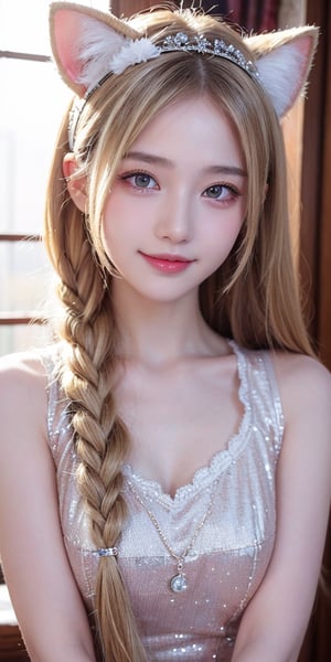 ((highest quality、Masterpiece、High resolution))、(((Zoom photo of upper body))、(A shy smile:1.2)、Light shines in、One 15-year-old female、Beautiful Skin、Beautiful Eyes、Cat ears headband、one piece、Blonde Hair