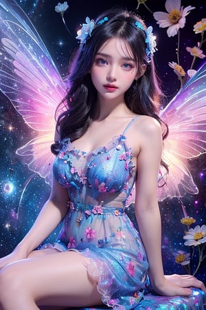 4k ultra hd, masterpiece, a girl, good face, detailed eyes, detailed lips, flower fairy girl, big wings, transparent wings, neon lights, (galaxy background:1.5), (flower dress:1.5), (blue dress:1.4), in the heaven, sitting on the rock,