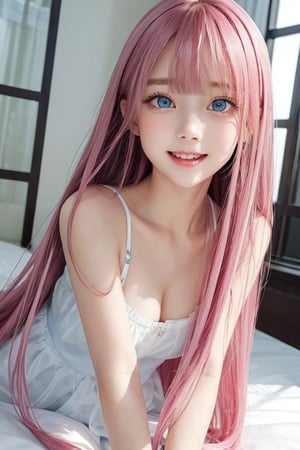 
sparkling clear attractive blue eyes, 
cheerful, 
very cute loli face,  
very beautiful cute girl,  
16 yo,
deep pink very long straight hair,
super smooth smooth and silky silky pink hair, 
super white fair skin,
long see-through bangs