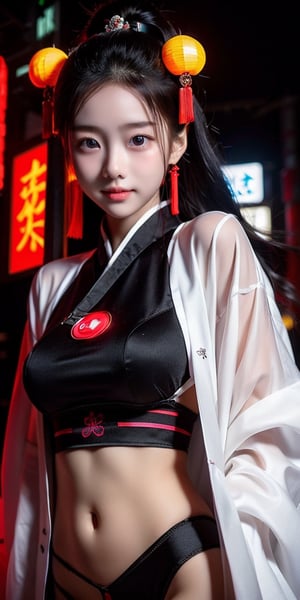 Sexy Pose , (masterpiece),(solo), 1girl, most beautiful korean girl, Korean beauty model, stunningly beautiful girl, gorgeous girl, 18yo, over sized eyes, big eyes, smiling, looking at viewer, (white long hair), attractive, in the dark night, (sexy colorful Chinese Hanfu+body implants), (highly detailed background of ancient Chinese achitechture with neon lights), Cyberpunk, traditional Chinese Sexy outfits , SLASH IN KHANFU