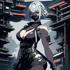 A young ninja girl with a blunt-cut short hairstyle and silver-white hair, wearing a long red scarf around her neck and dressed in a black form-fitting outfit. She has an A-cup chest and a 1:7 head-to-body ratio. She is posed with her arms outstretched, holding a katana in her right hand and a cross-shaped shuriken in her left hand. The illustration should be in a cyberpunk style, with a strong contrast between the character and the background, highlighting a futuristic, neon-lit urban environment with high-tech elements.,SAT1N ninja girl black dress socks