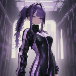 1girl, solo, long hair, breasts, looking at viewer, bangs,, long sleeves, closed mouth, standing, purple eyes, ponytail, purple hair, braid, sidelocks, cowboy shot, indoors, parted bangs, bodysuit, drill hair, skin tight, french braid, zipper, arms at sides, zipper pull tab, biker clothes, bikesuit,B cup ,twin tails