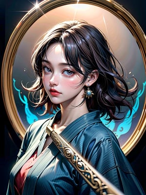 (8k, best quality, masterpiece:1.2),(realistic, photo-realistic:1.37),ultra-detailed,((score_9), score_8_up, score_7_up), high quality, high resolution, high precision, solo, One woman, looking at viewer, ((have Long sword,Japanese sword,Blue Flame,Reflection of light)), Close-up Background, samurai,Focus,she has the dignity of a general.,overwhelm,ambition,Mizuki_Lin,Hold the sword in front of eyes with both hands,