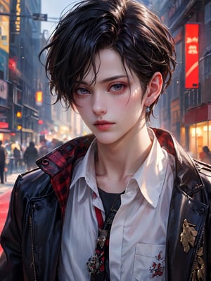 (8k, best quality, masterpiece:1.2),(realistic, photo-realistic:1.37),ultra-detailed,((score_9), score_8_up, score_7_up), high quality, high resolution, high precision, solo, looking at viewer, short hair, shirt, black hair, 1boy, jewelry, jacket, white shirt, upper body, male focus, earrings, black jacket,